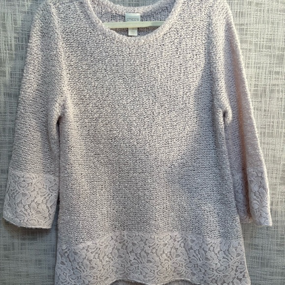 Pink tunic sweater, blush pink sweater with lace trim, Chicos tunic sweater - Picture 3 of 8